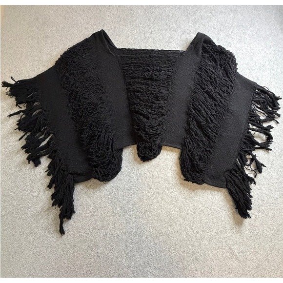 Kimonos Caribenos Sweaters - Kimonos Caribenos Black Fringe Knit Shrug Bolero Distressed Boho Capelet Poncho